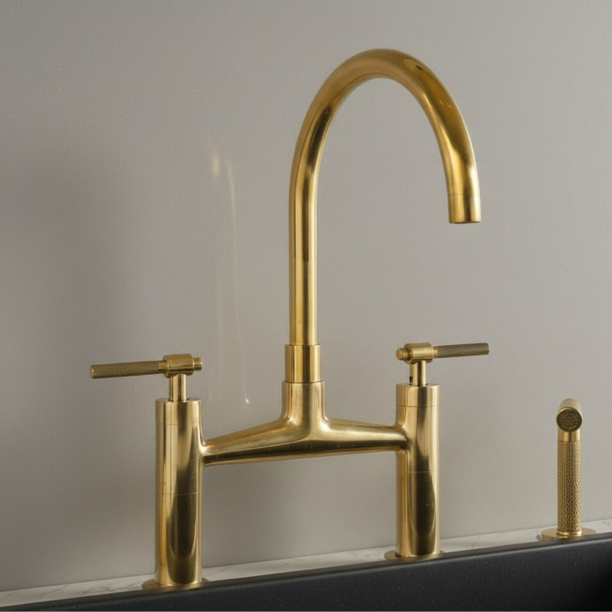 Dual handle unlacquered brass bridge kitchen faucet with solid brass construction