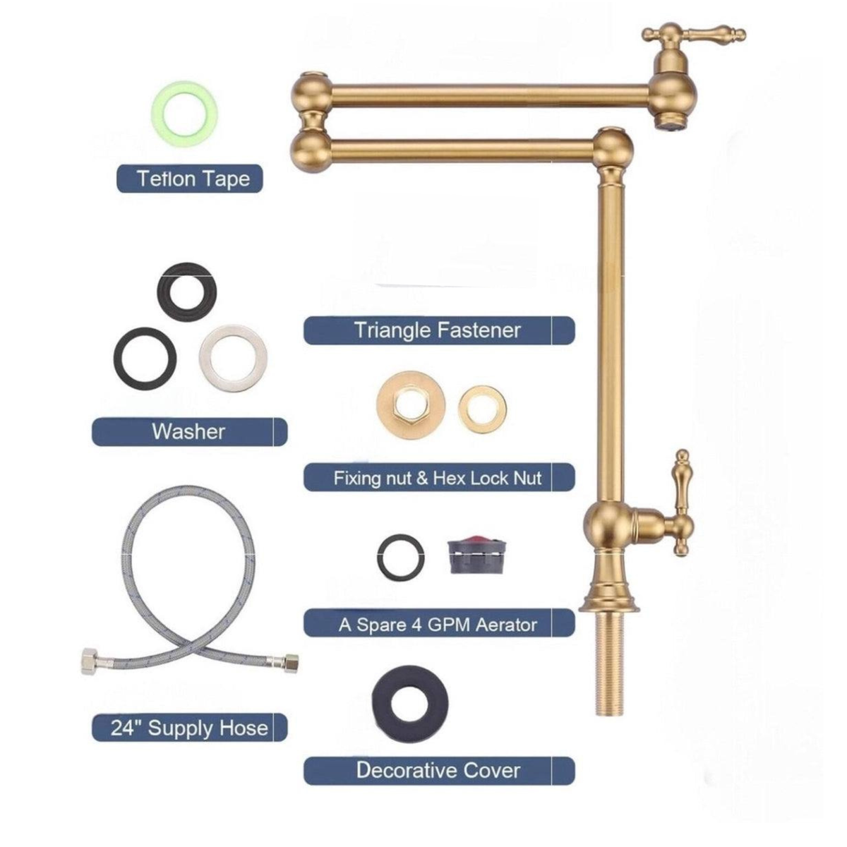 Brass pot filler faucet installation components and accessories