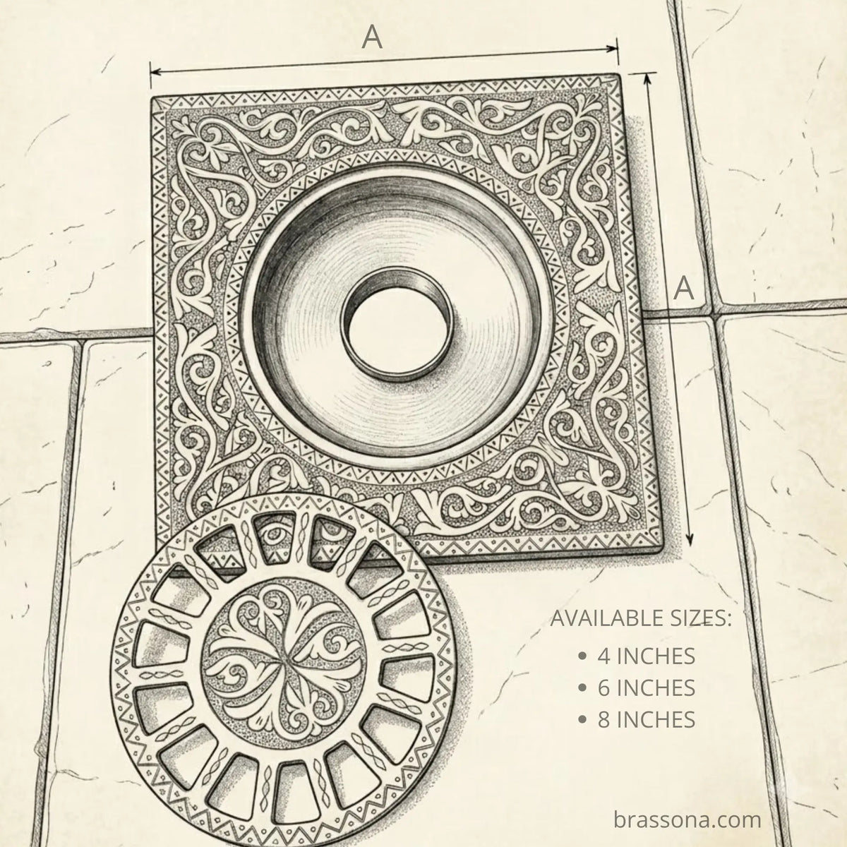 Technical diagram of engraved brass square floor drain available in 4 inch, 6 inch, and 8 inch sizes – BrassOna