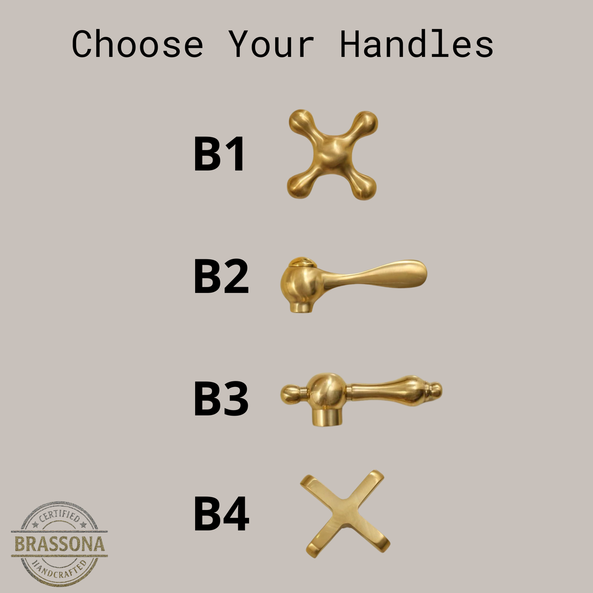 Unlacquered solid brass faucet handle options B1 B2 B3 B4 by BrassOna – cross and lever styles in living brass finish