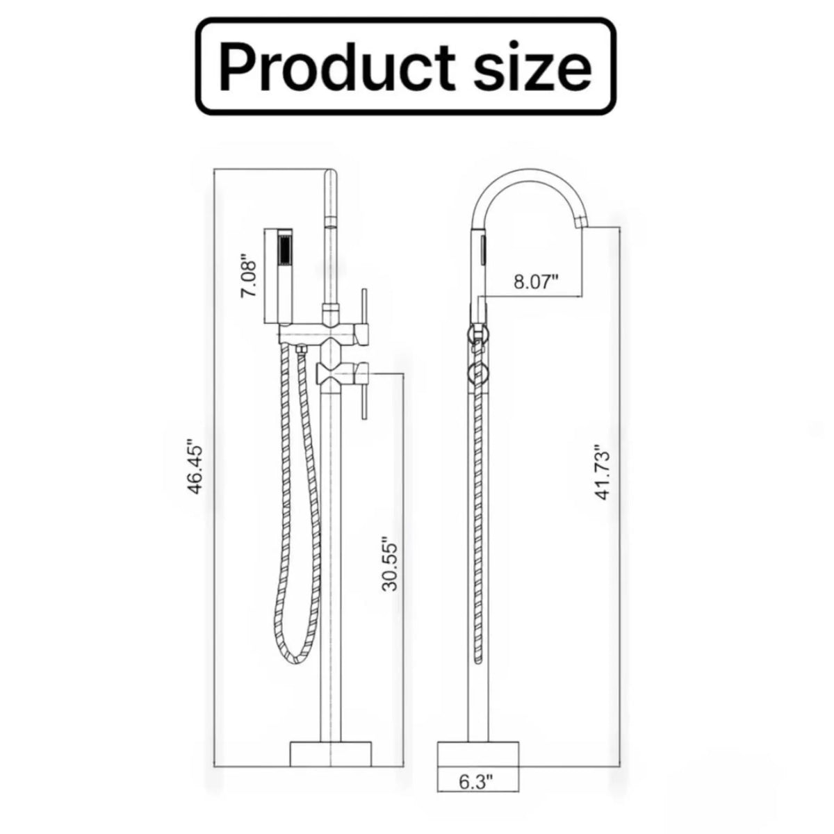 Technical line drawing showing the height and reach dimensions for the floor-mounted bathtub faucet.