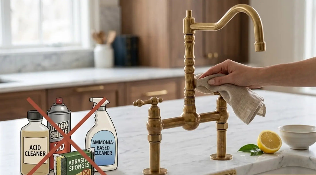 Hand cleaning an unlacquered brass bridge faucet with a soft linen cloth and natural lemon, showing how to avoid harsh chemicals for a beautiful natural patina finish.
