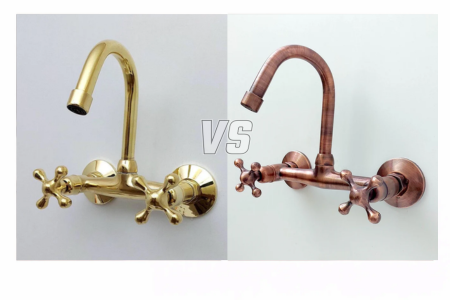 Brass vs copper faucet comparison showing differences in color, patina development, and metal finish