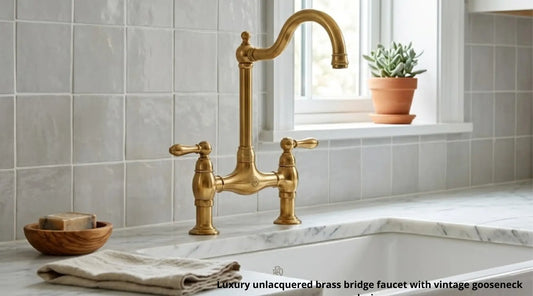 Luxury unlacquered brass bridge kitchen faucet with vintage gooseneck on marble countertop
