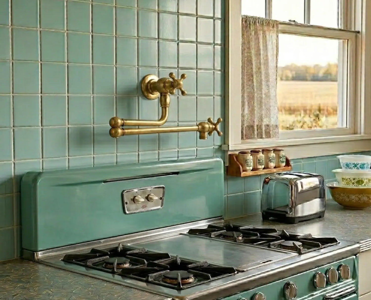 Unlacquered brass pot filler faucet mounted on sage green tile backsplash above a vintage-style gas range in a farmhouse kitchen