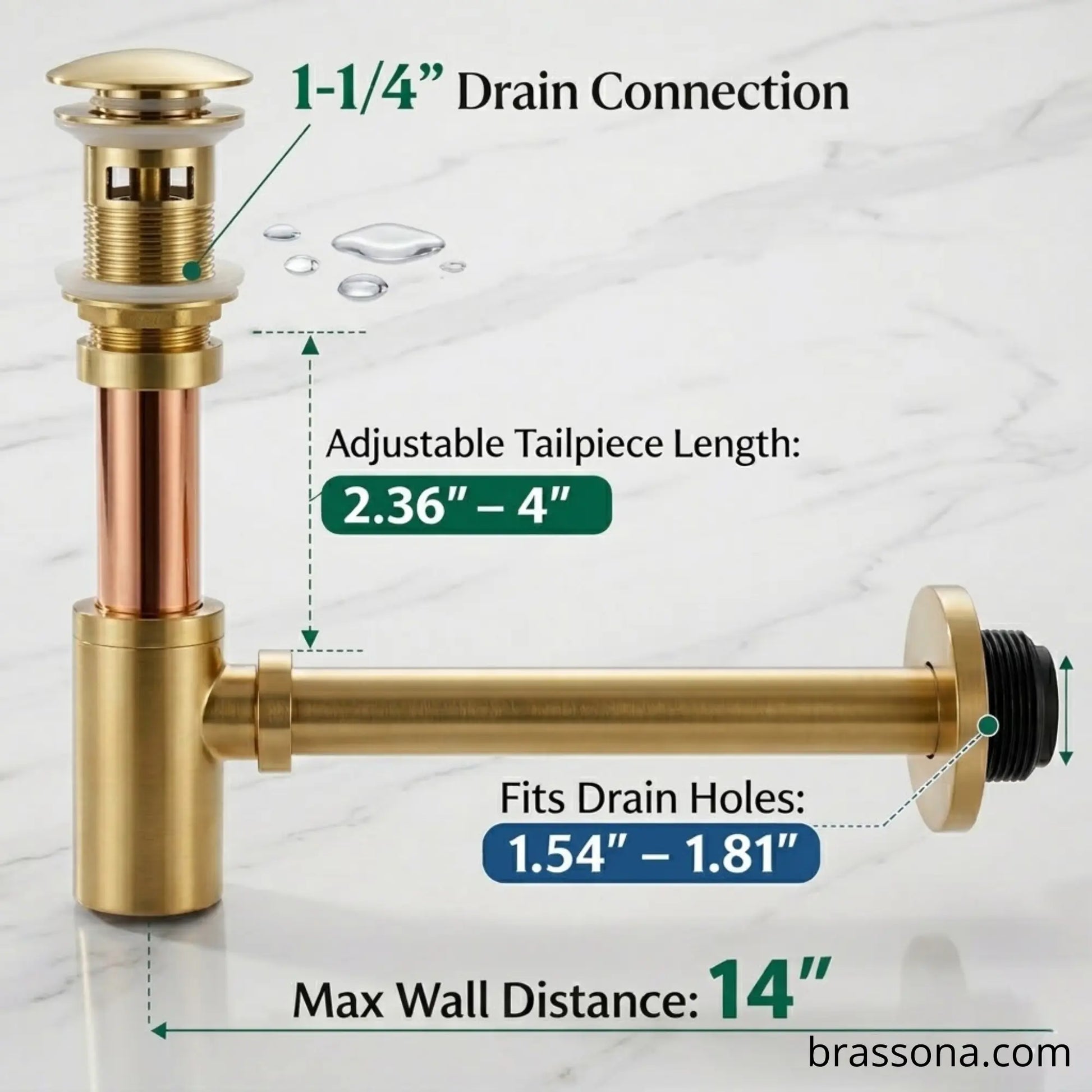 Specification diagram of 1-1/4 inch unlacquered brass bottle P-trap showing adjustable tailpiece 2.36 to 4 inches, fits drain holes 1.54 to 1.81 inches, and maximum wall distance 14 inches
