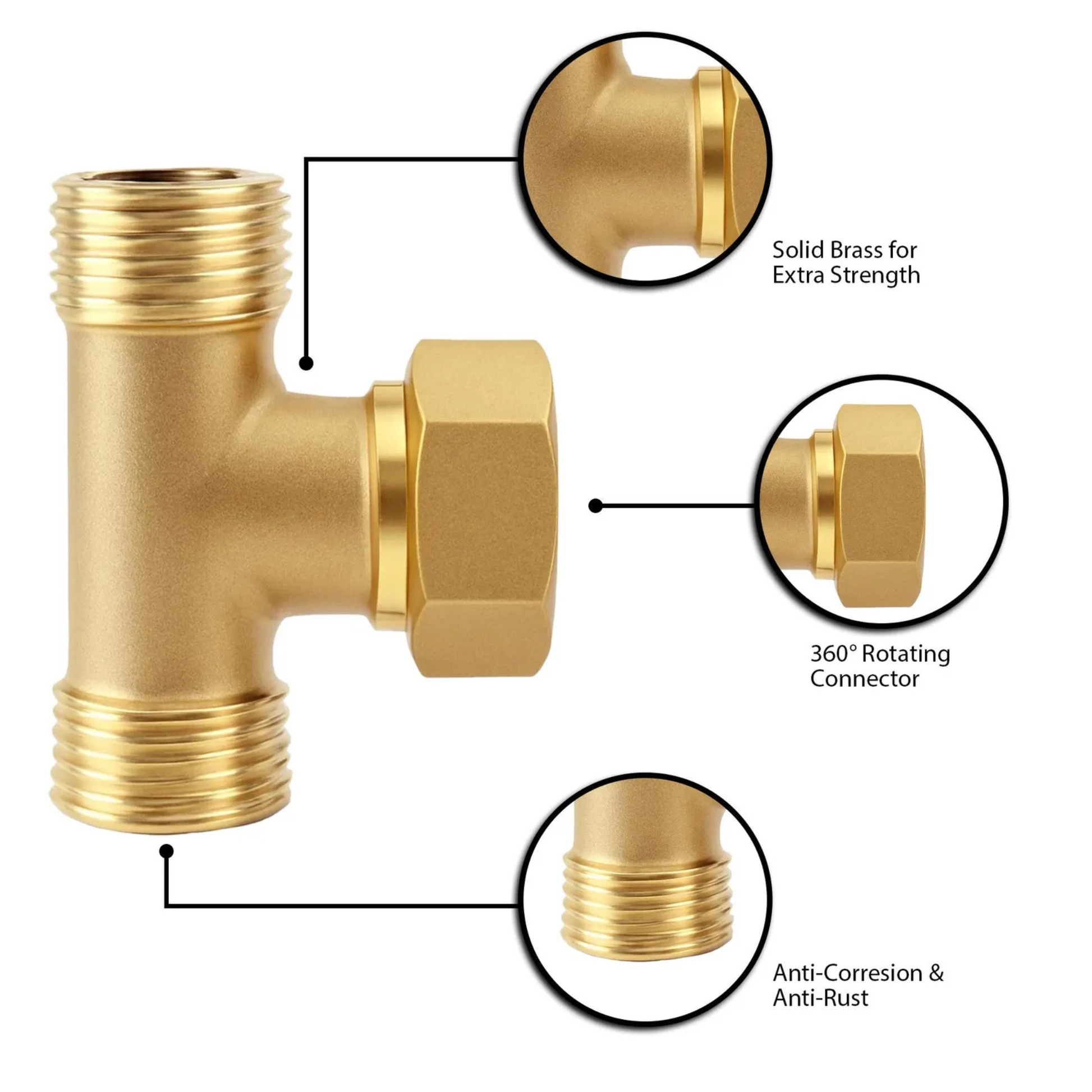 Brass PEX tee connector with labeled dimensions for plumbing installation