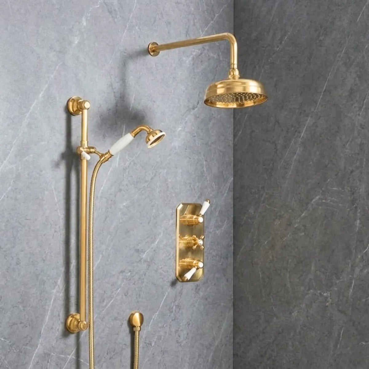 Luxury Unlacquered Brass Concealed Thermostatic Shower System with Rainfall Head and Handshower | BrassOna®