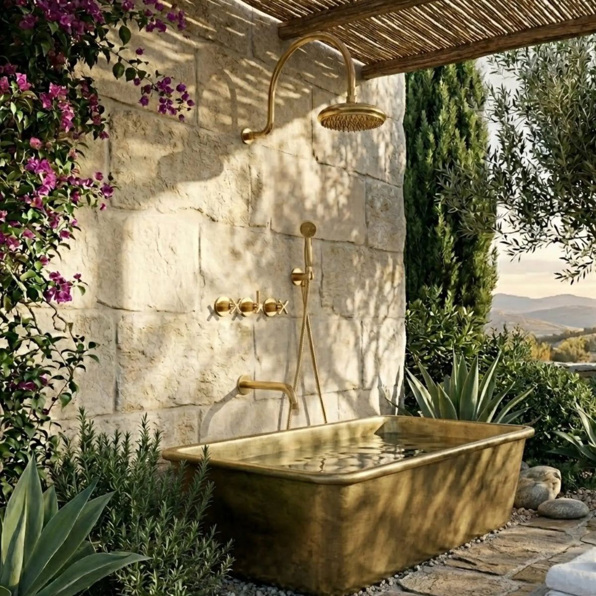 Unlacquered brass outdoor shower system and matching rectangular solid brass bathtub on a luxury stone patio.