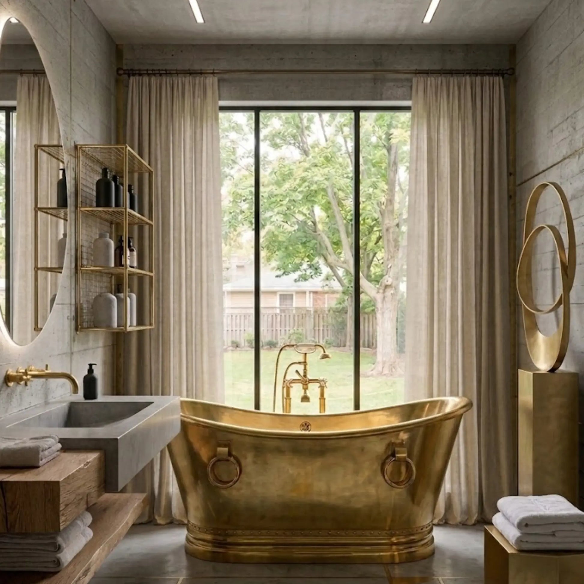 A luxurious freestanding gold bathtub with gold ring handles, set in a modern concrete and wood bathroom with beige curtains and a large window looking out to a green yard.