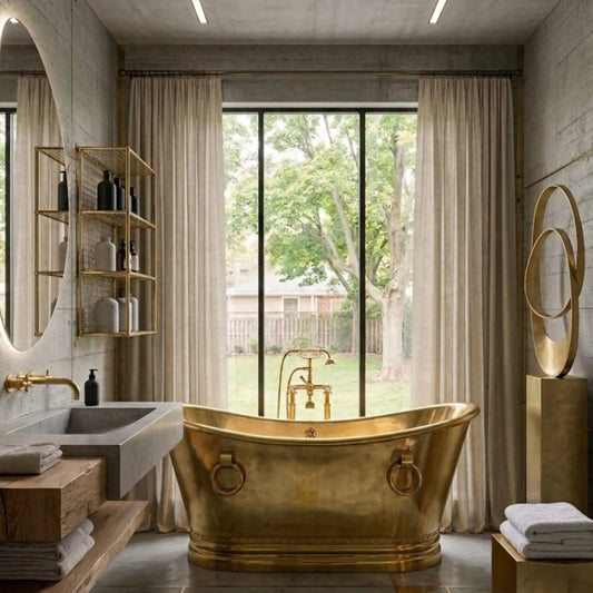 A luxurious freestanding gold bathtub with gold ring handles, set in a modern concrete and wood bathroom with beige curtains and a large window looking out to a green yard.
