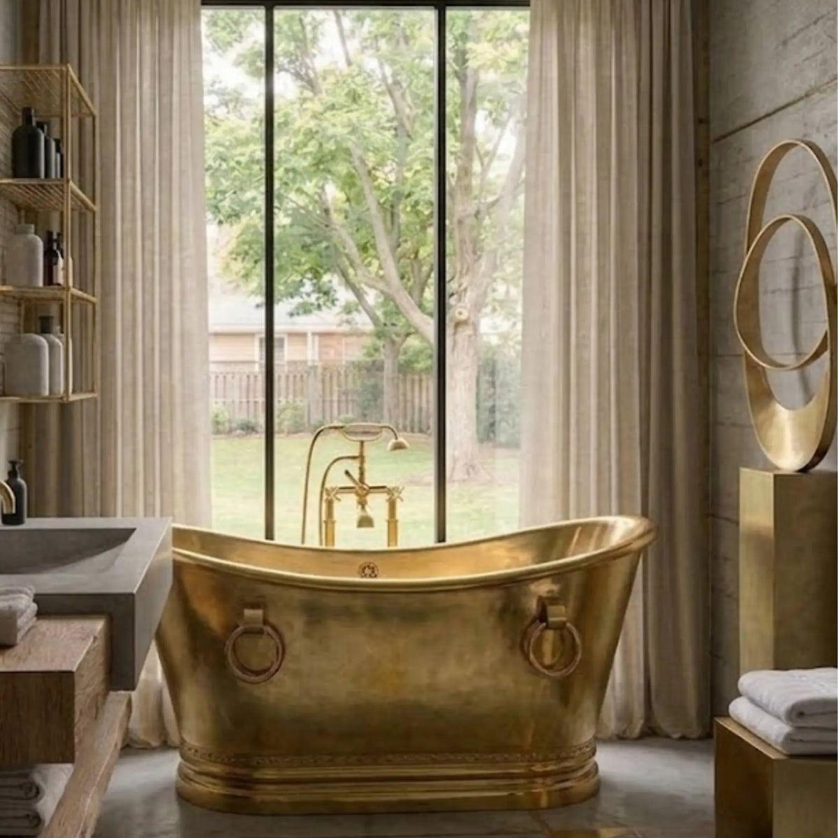 A freestanding oval bathtub in a brushed gold finish, positioned in a luxurious bathroom with a large window looking out onto green trees, beige curtains, and a stone wall.