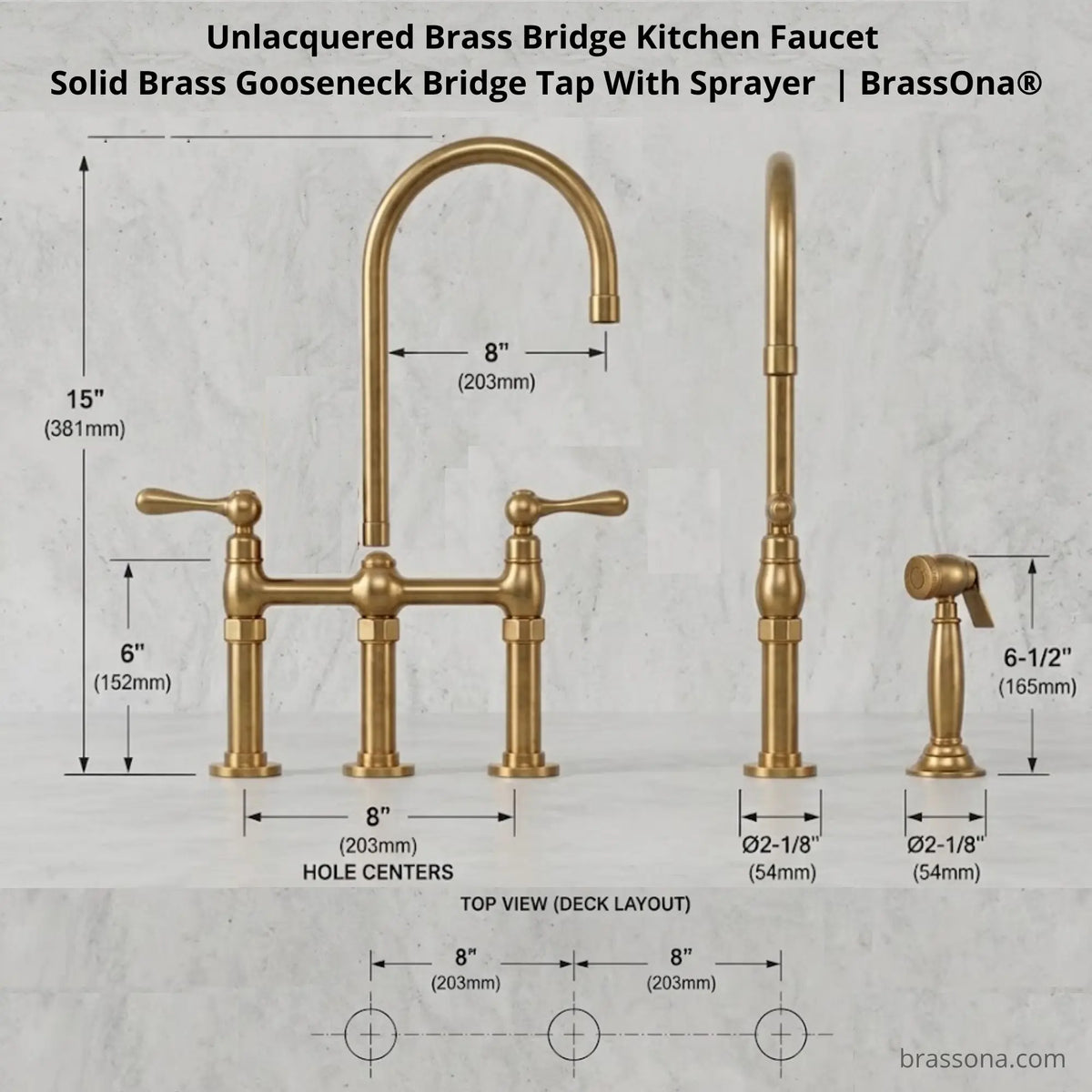 An unlacquered brass bridge kitchen faucet with a gooseneck spout and spray attachment, shown with dimension labels and a deck layout diagram on a light gray textured background. The product is branded BrassOna.