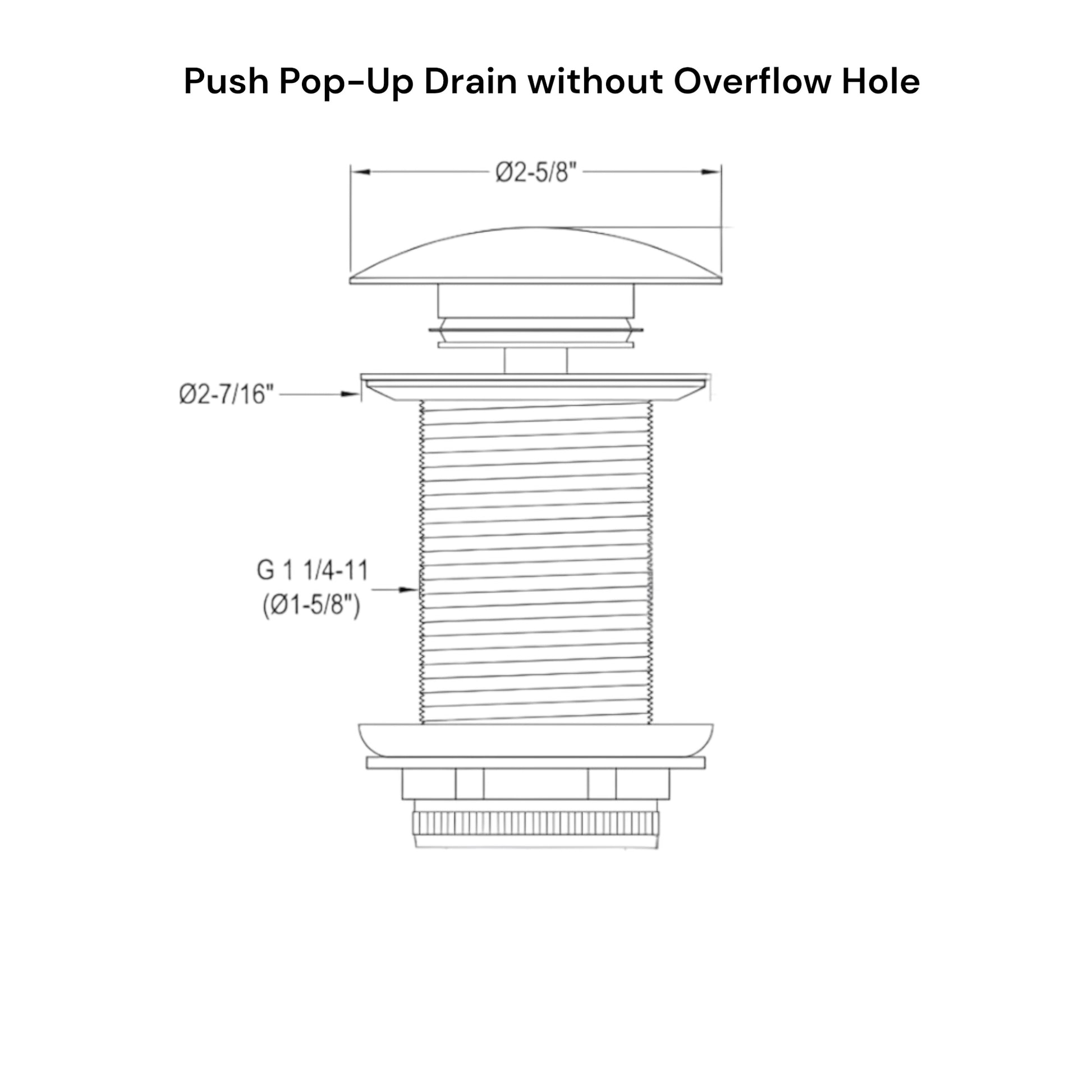 Technical diagram showing dimensions of a solid brass pop-up sink drain designed for standard 1.6 inch sink holes