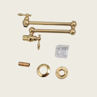 A complete unlacquered brass pot filler kit featuring the double-jointed faucet, mounting flange, decorative escutcheon, threaded nipple, and a small bag of mounting hardware on a neutral background.