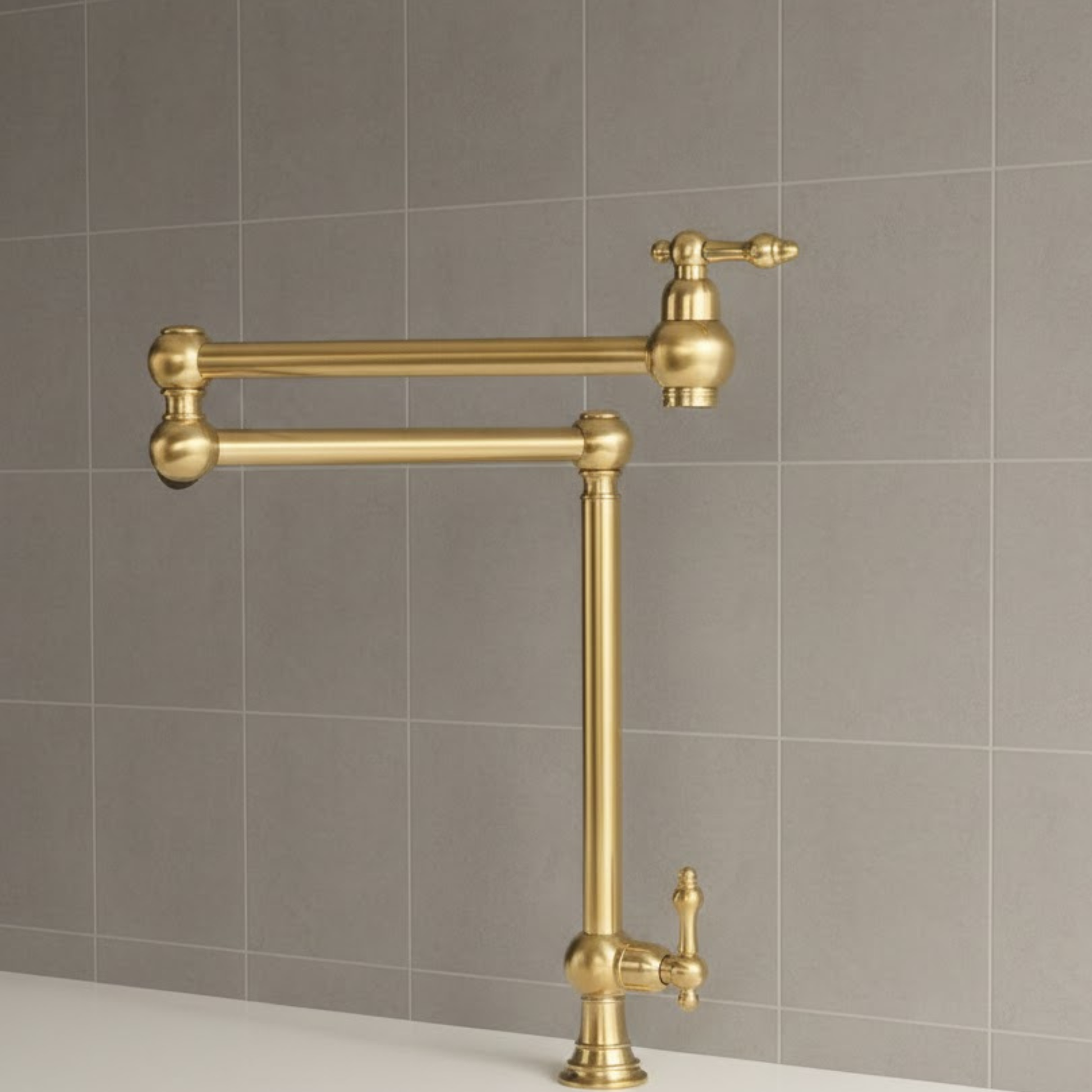 Deck mount unlacquered brass pot filler with brushed finish