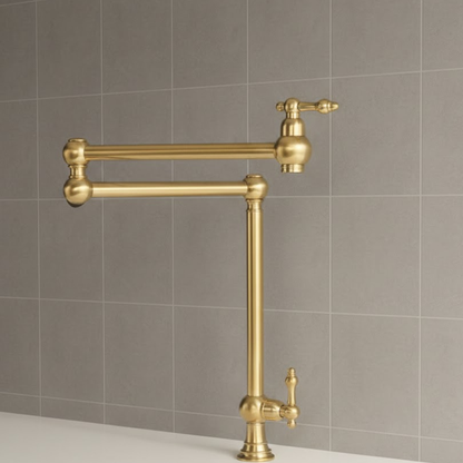 Deck mount unlacquered brass pot filler with brushed finish