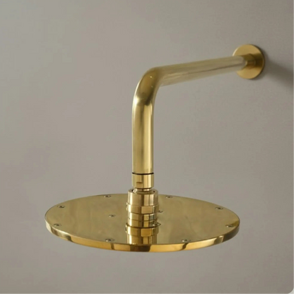 Close-up side profile of the solid brass shower arm and round rainfall head against a gray wall.