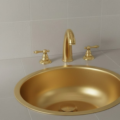 Unlacquered brass widespread bathroom faucet with dual lever handles mounted on a brass sink