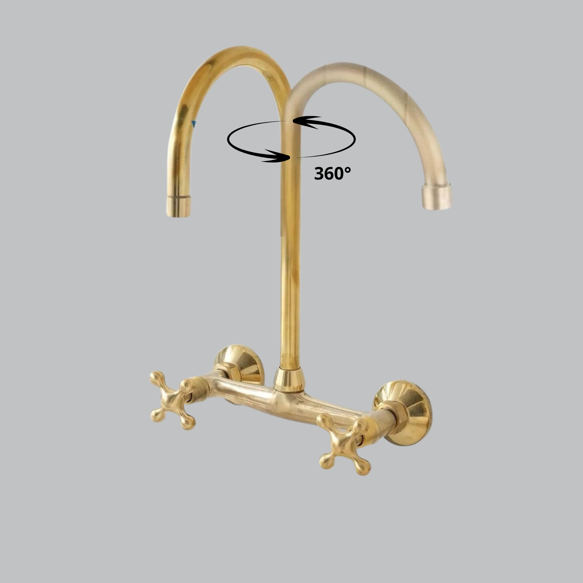 Wall mounted brass faucet with curved spout and dual handles