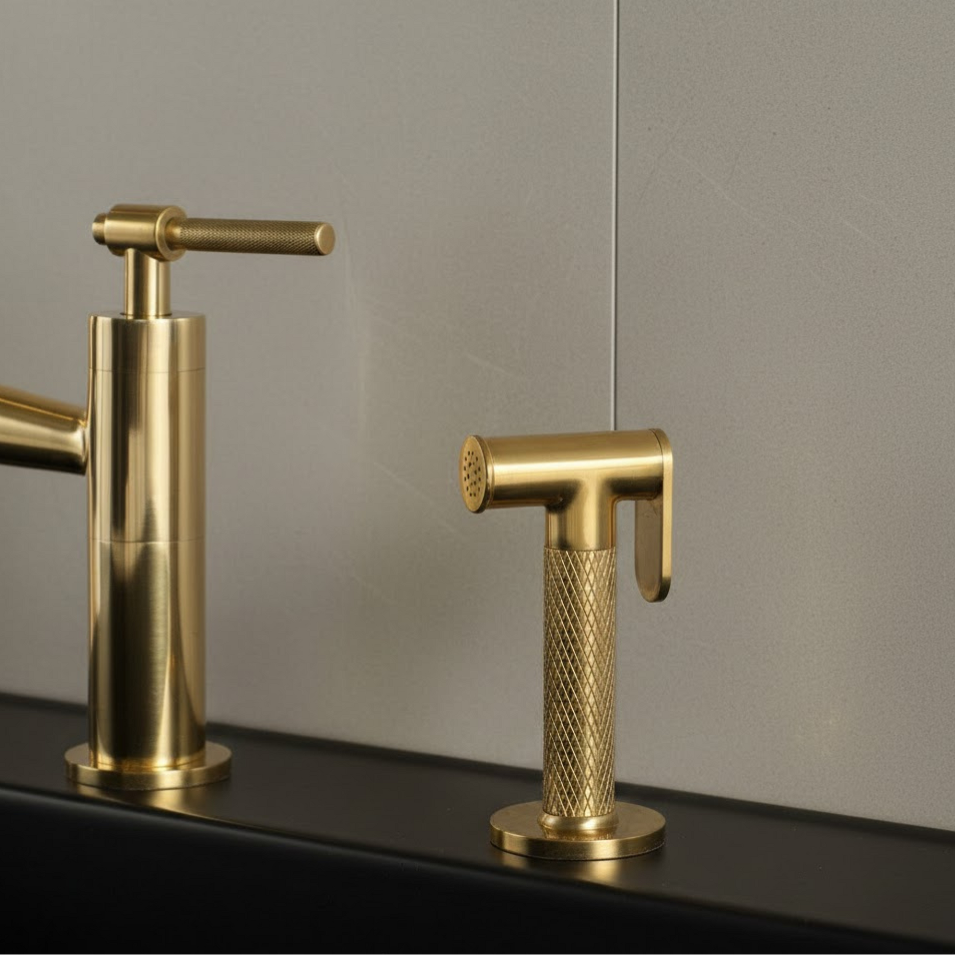 Dual handle unlacquered brass bridge faucet with ceramic cartridges