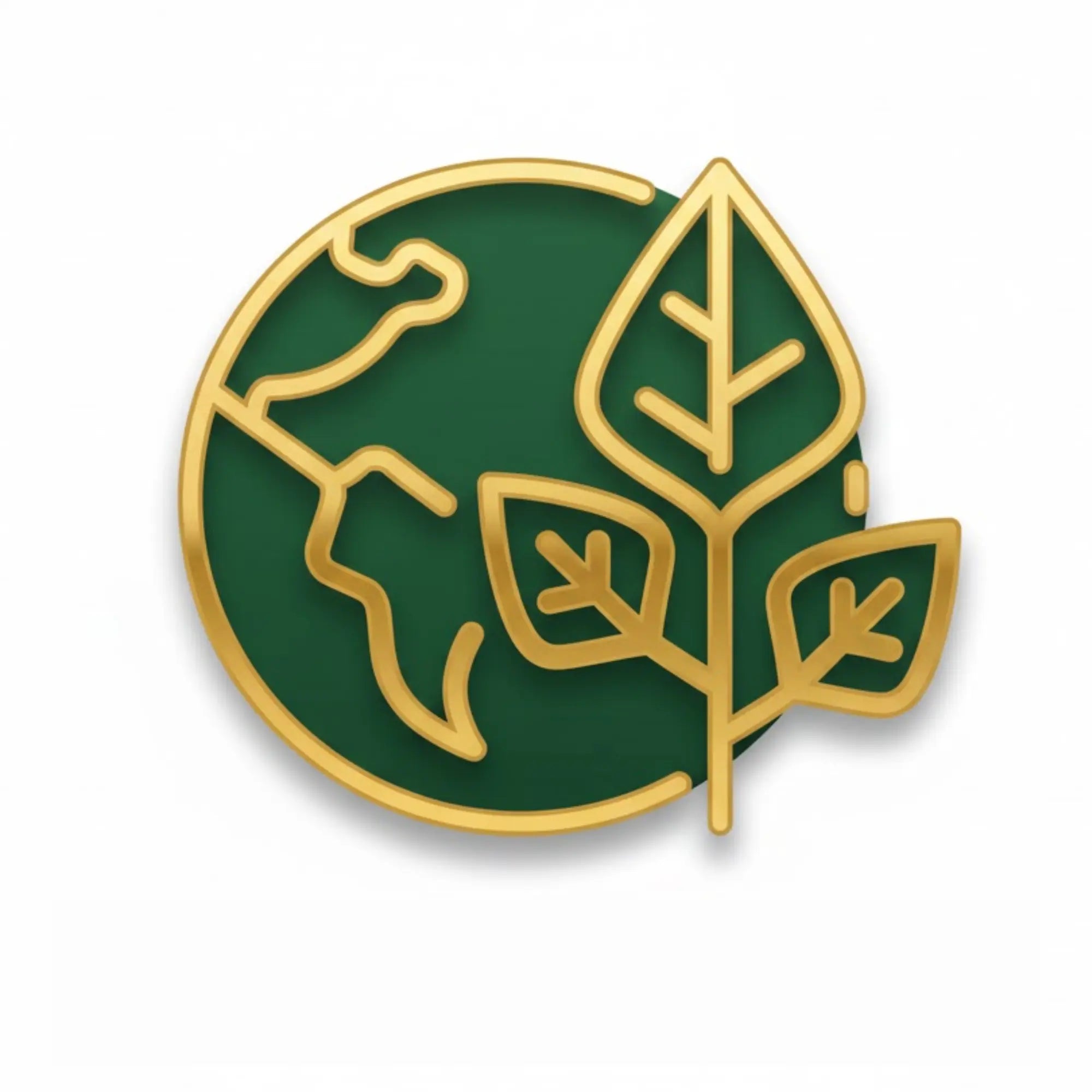 Pin with green Earth and gold leaves on a white background