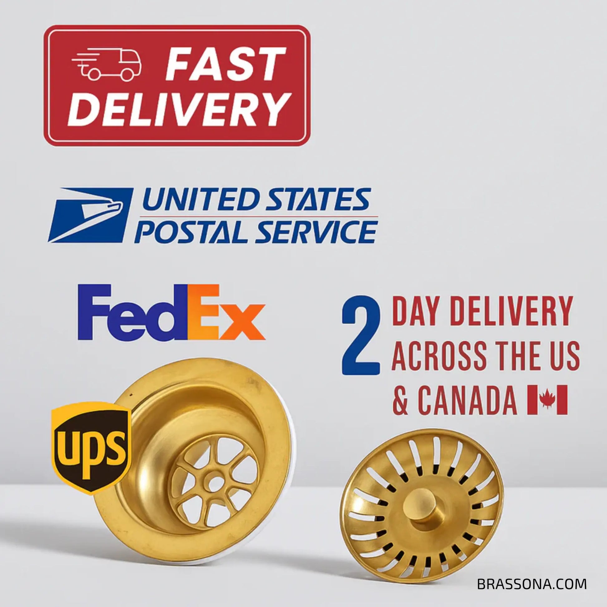 Advertisement for fast delivery services with USPS, FedEx, and UPS logos and brass sink strainers.