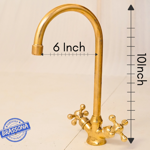Unlacquered brass gooseneck basin faucet with height and reach measurements, designed for single hole bathroom sink installation.