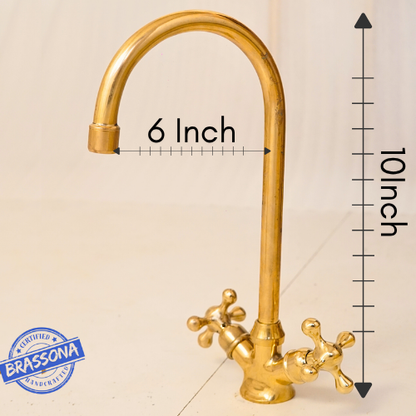Unlacquered brass gooseneck basin faucet with height and reach measurements, designed for single hole bathroom sink installation.
