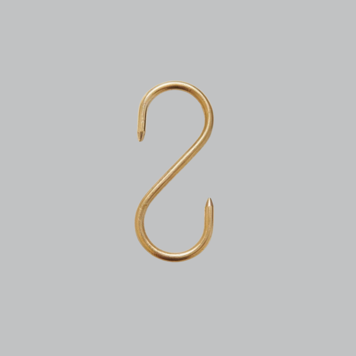 Handcrafted solid brass S hook designed for wall mounted pot rail and kitchen organizers