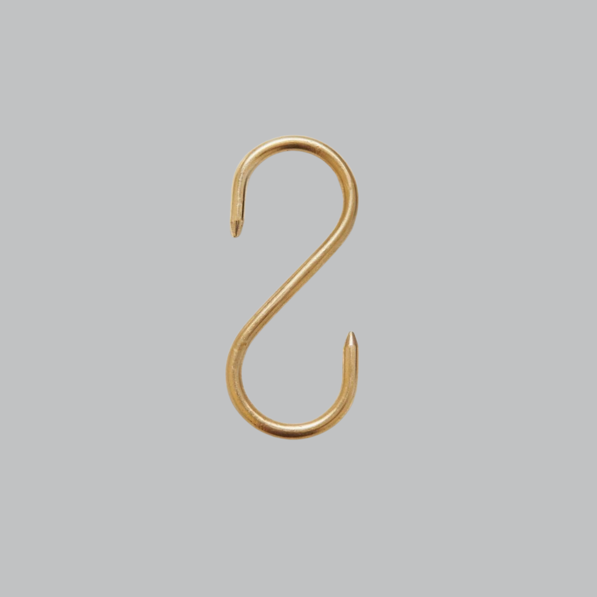 Handcrafted solid brass S hook designed for wall mounted pot rail and kitchen organizers