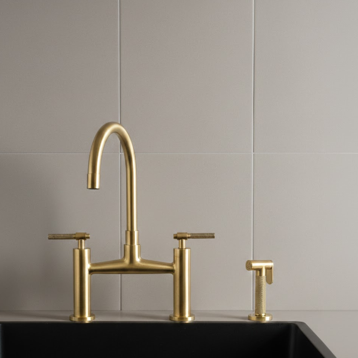 High arc swivel spout on unlacquered brass bridge kitchen faucet