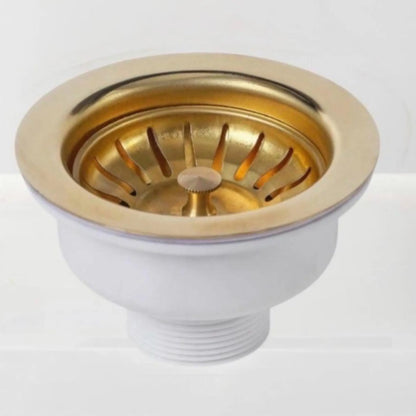 White sink drain with gold interior on a white background