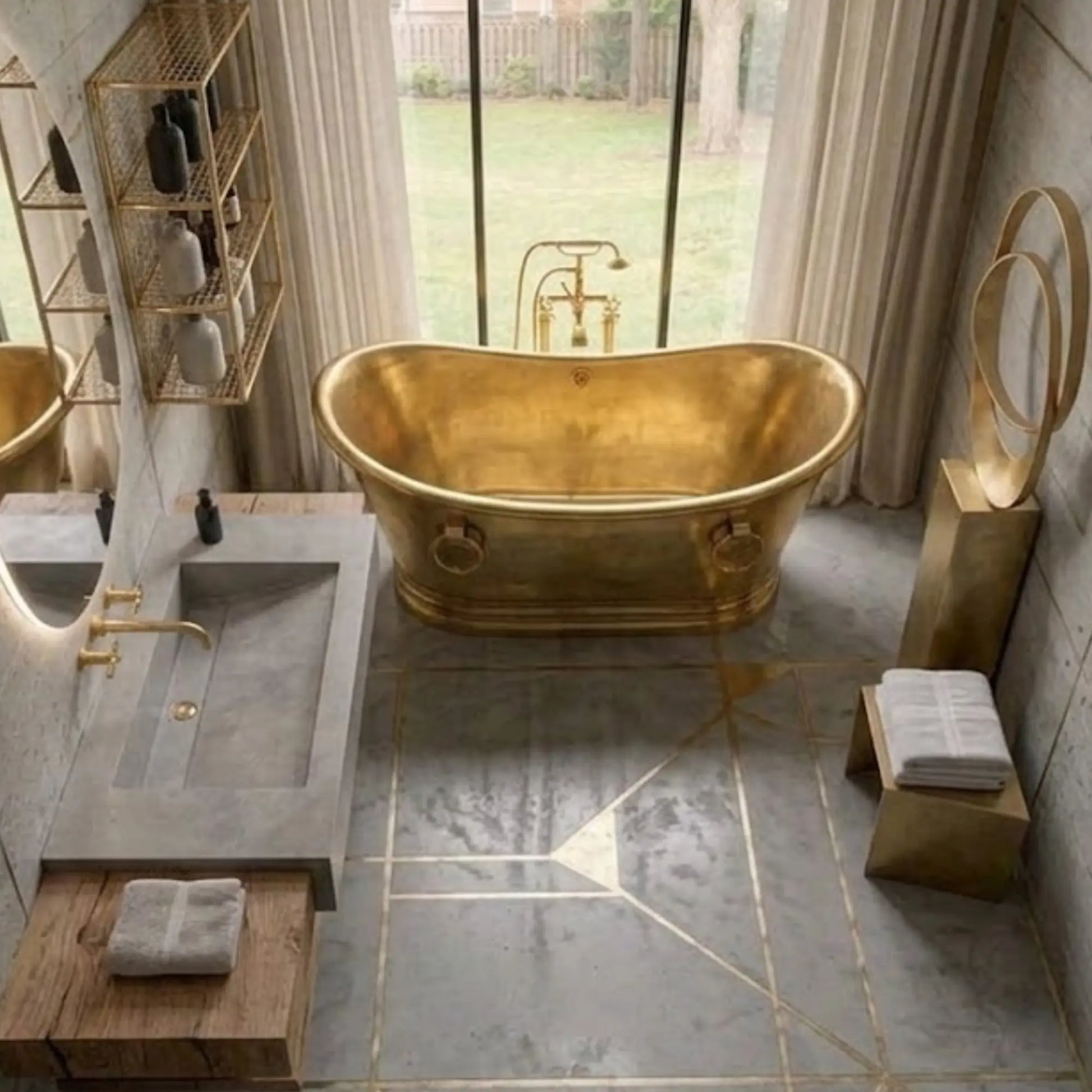 A luxury bathroom scene featuring a freestanding oval gold bathtub, a modern gray stone sink with matching gold fixtures, geometric gold tile lines on a gray floor, and a large window looking out onto a garden.