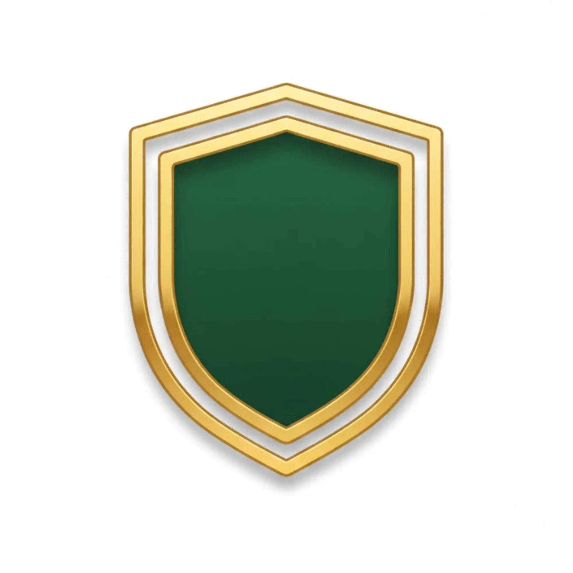 Green shield-shaped emblem with gold and silver border on a white background