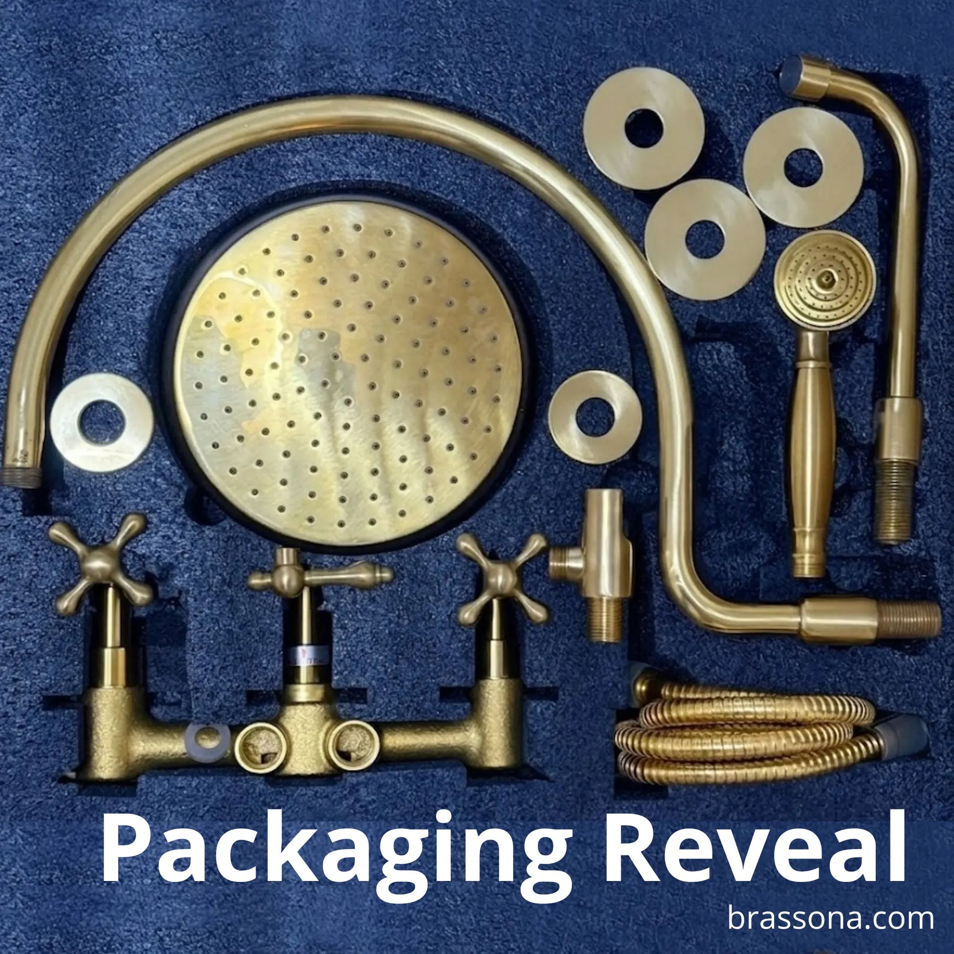 Collection of brass shower fixtures on a blue background with 'Packaging Reveal' text.