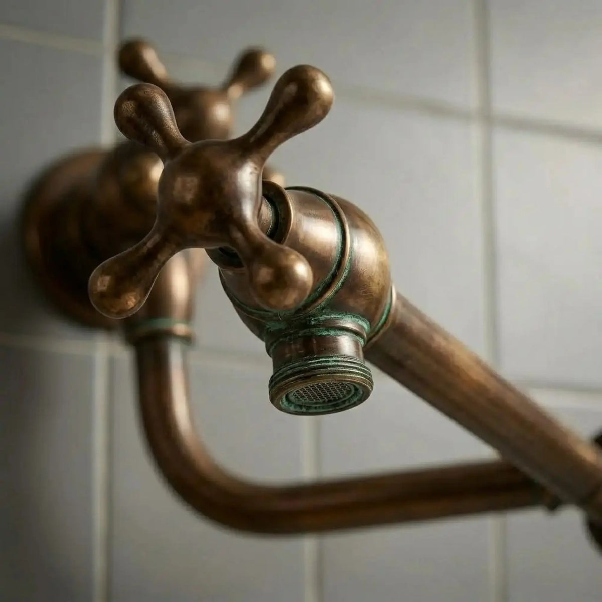 Close-up of unlacquered brass wall-mounted pot filler faucet with cross handles on tiled kitchen wall, showing natural patina.