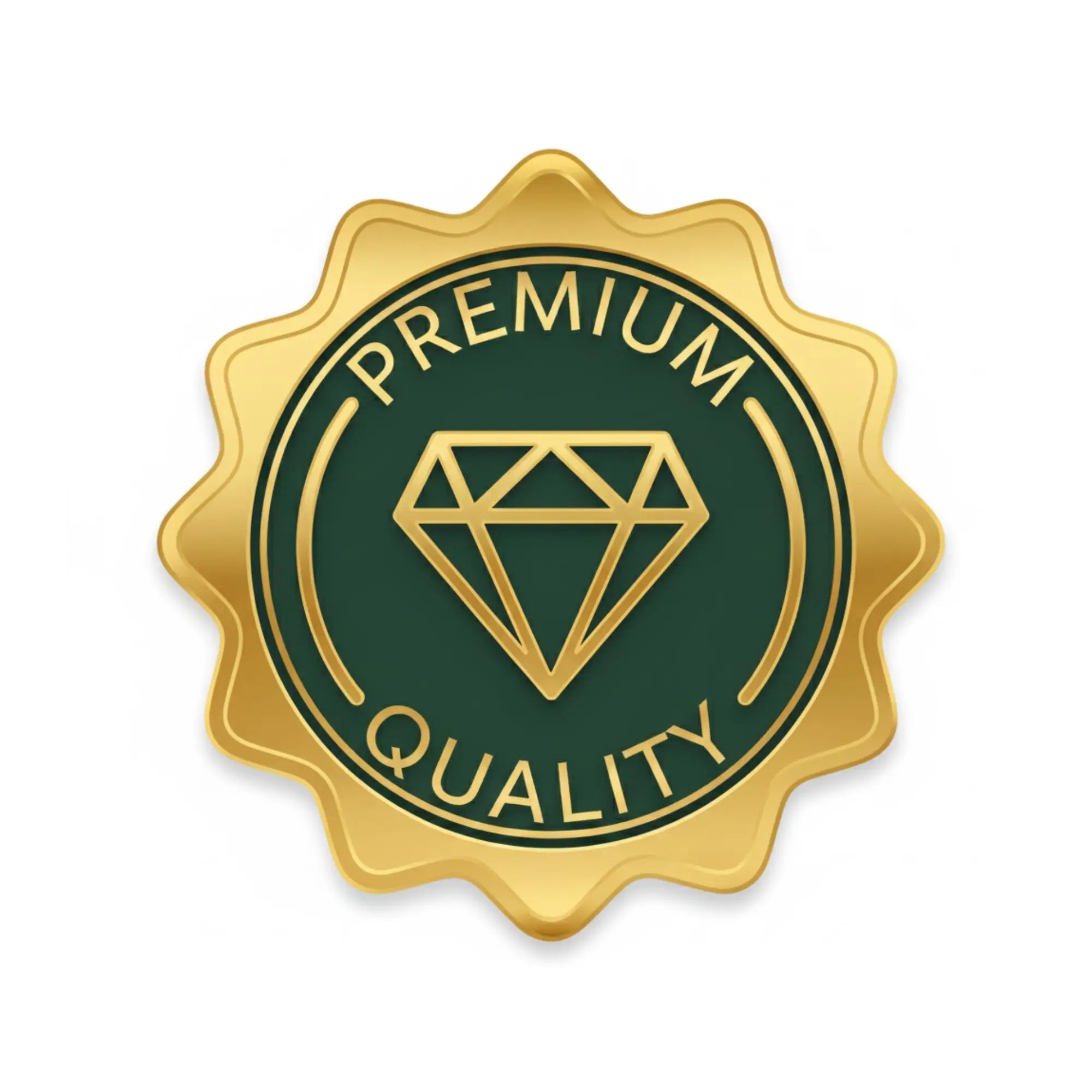 Gold and green 'Premium Quality' badge with a diamond symbol on a white background
