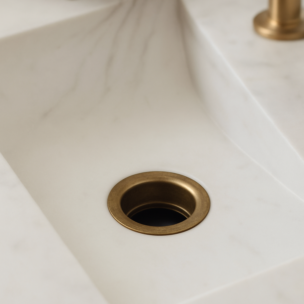 Solid brass sink flange installed in a white marble farmhouse sink for a timeless vintage look.