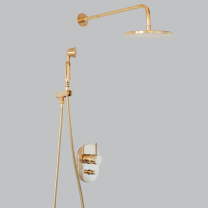 Santorini style unlacquered brass concealed shower system