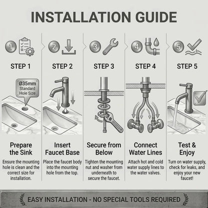 Step-by-step installation guide for a single-hole bathroom faucet featuring five illustrated stages: preparing the sink, inserting the base, securing from below, connecting water lines, and testing.