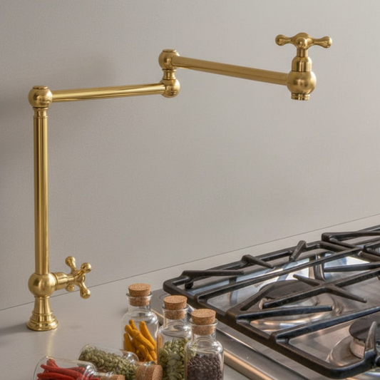 Unlacquered brass standing pot filler faucet installed over kitchen stove