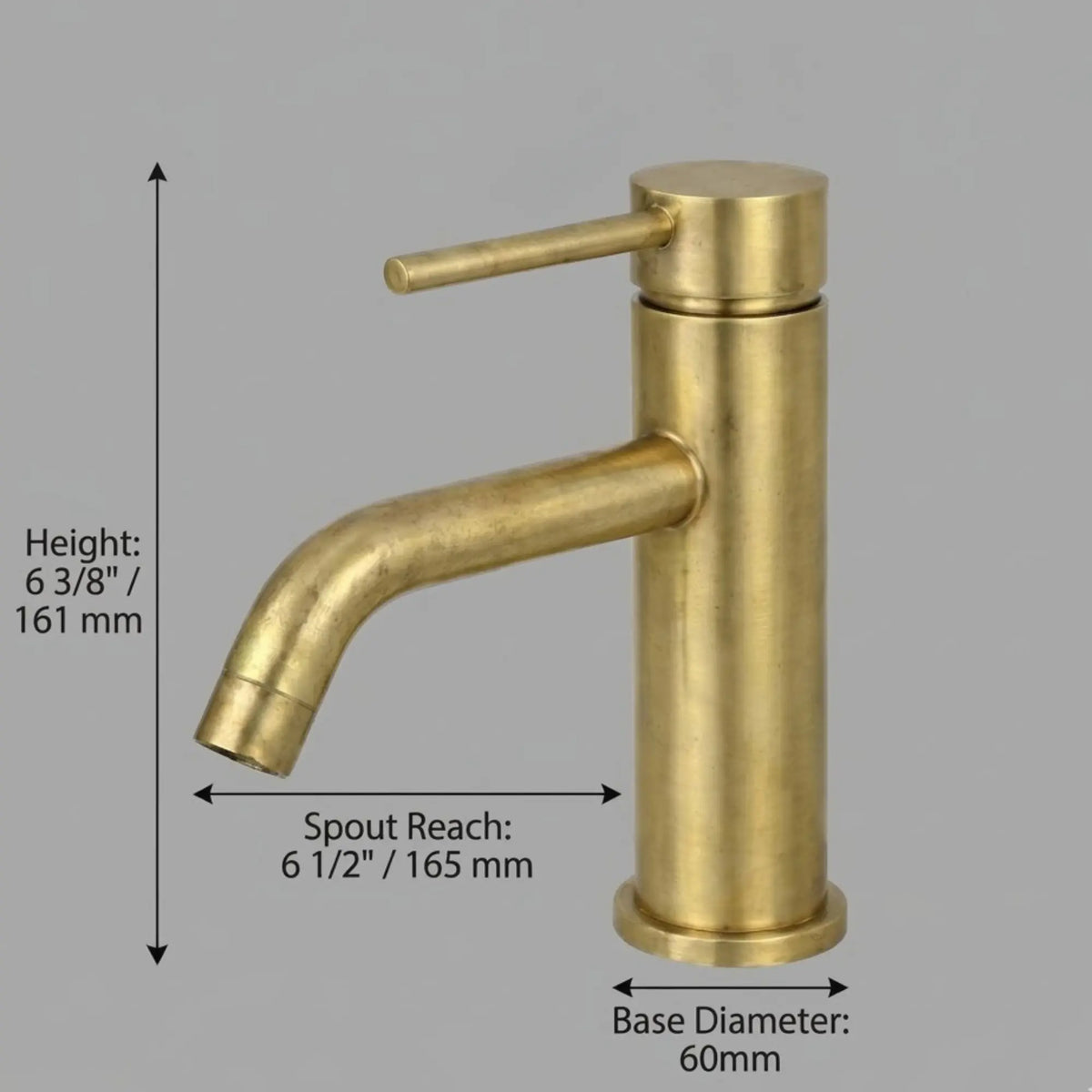 Technical dimension diagram of an unlacquered brass bathroom faucet showing a height of 161 mm, spout reach of 165 mm, and a base diameter of 60 mm on a gray background.
