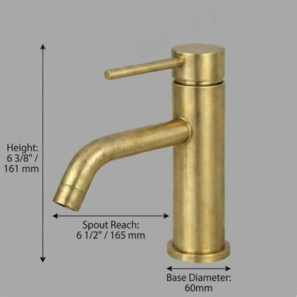 Technical dimension diagram of an unlacquered brass bathroom faucet showing a height of 161 mm, spout reach of 165 mm, and a base diameter of 60 mm on a gray background.