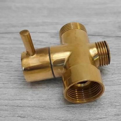 T-shaped unlacquered brass 3-way shower diverter valve with threaded connections