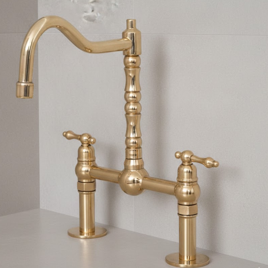 Unlacquered solid brass 8 inch kitchen bridge faucet with cross handles