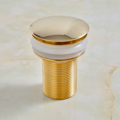 Side view of unlacquered brass pop-up bathroom sink drain showing solid brass threaded construction