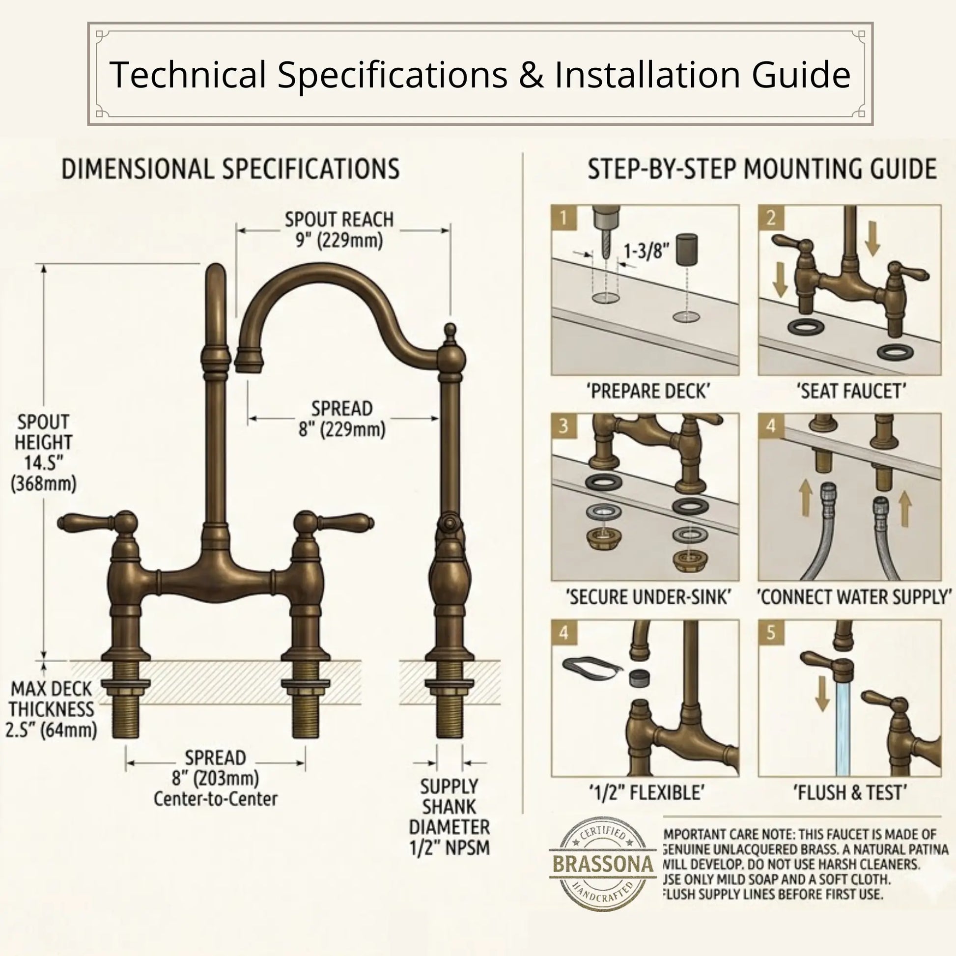 Technical specifications and step-by-step installation guide for bridge kitchen faucet showing dimensions, spout reach, hole spacing, and mounting instructions