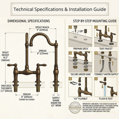 Technical specifications and step-by-step installation guide for bridge kitchen faucet showing dimensions, spout reach, hole spacing, and mounting instructions