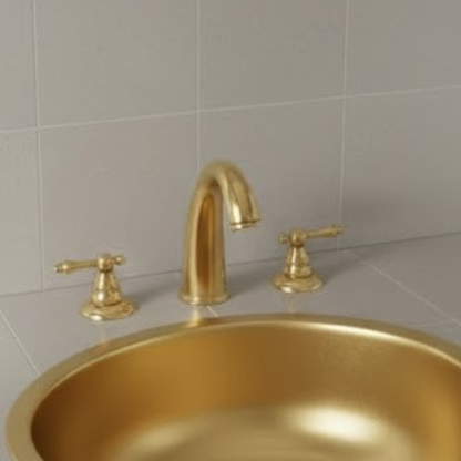 Unlacquered brass 3-hole widespread bathroom faucet showing curved spout and classic lever handles